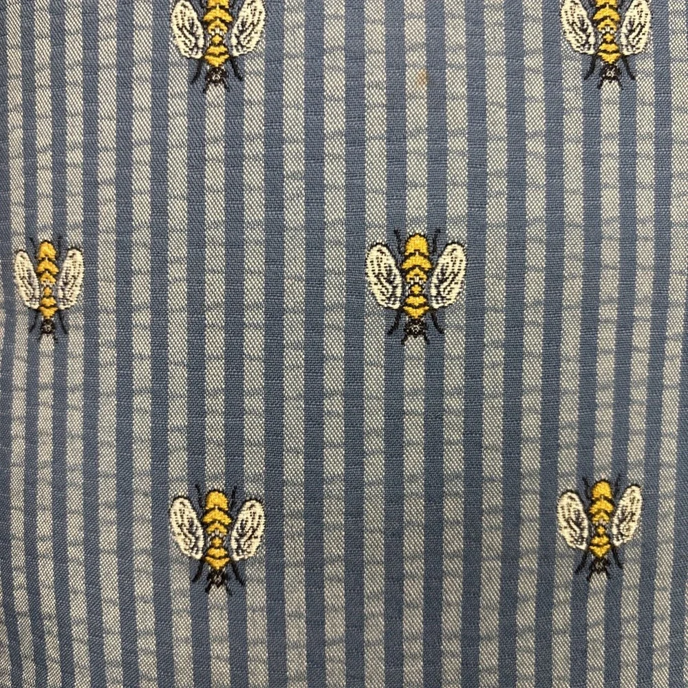 Two Vtg Blue Stripe‎ Yellow Ruffle Embroidered Bee Pillows 22x16